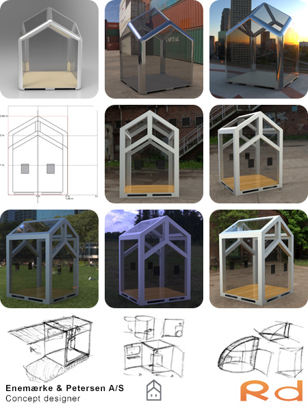 Konceptuelt design af en flytbar container til byggepladser, konceptdesign til Enemærke & Petersen A/S som en mødeplads for håndværkere og beboere.