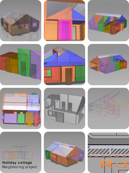 3D-visualiseringer af sommerhus med forskellige farvede rum for at fremhæve rummenes layout, inklusive forslag til en trappe til loftsetagen.