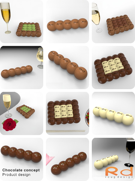 3D rendered chocolate design concept by Lars Roug, featuring uniquely shaped chocolate pieces in a grid layout. The design showcases product design and graphic design combined using Alias StudioTools and rendered in KeyShot with realistic textures and lighting. Danish concept design with modern chocolate form creation.