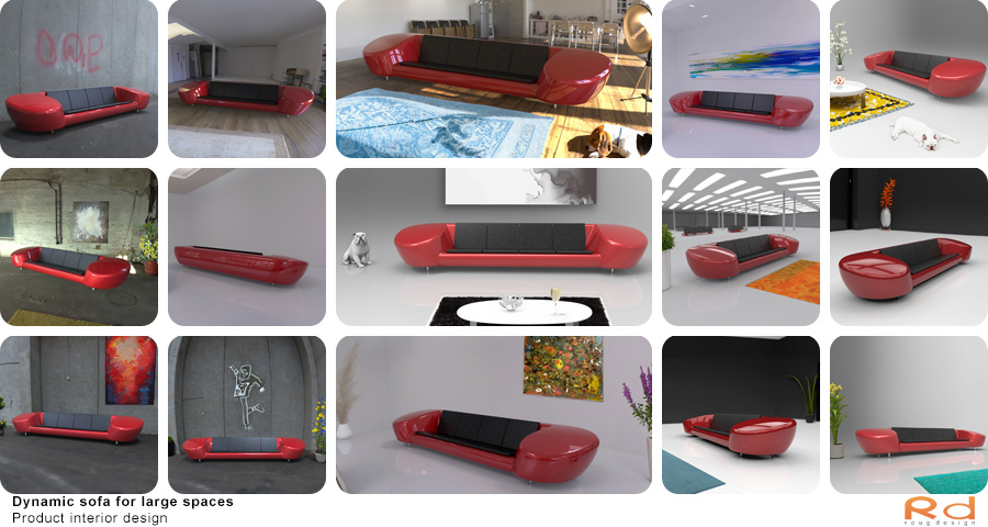 Collection of dynamic red sofa images in various modern, industrial, and outdoor settings. 