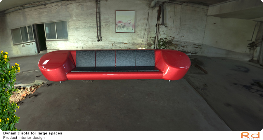 Dynamic red sofa in an industrial building, modern danish product design for large spaces.