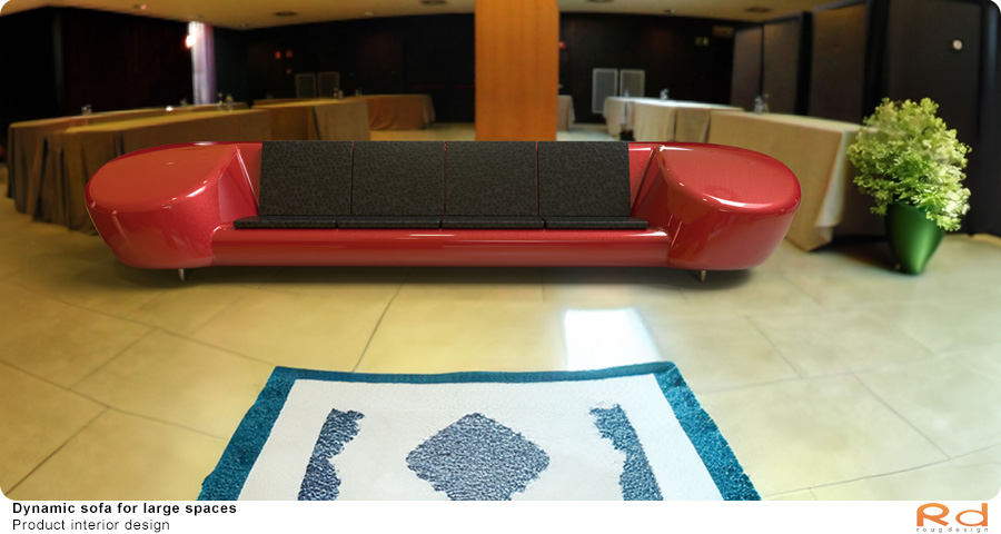 Modern red sofa in a hotel conference room with a green plant. 3D design rendered in KeyShot and post-processed in Photoshop.