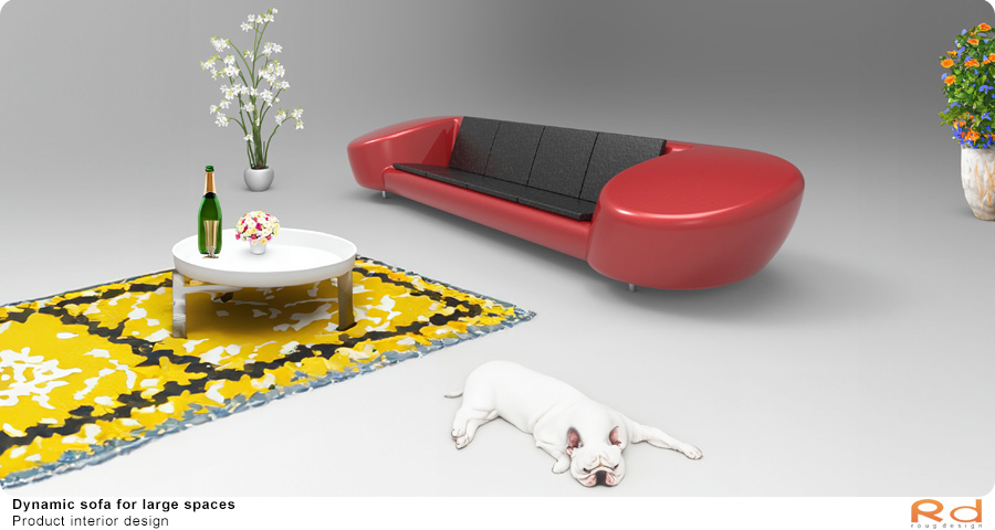 Red sofa in a minimalist living room with rug and decorative elements, designed in North Zealand, denmark.