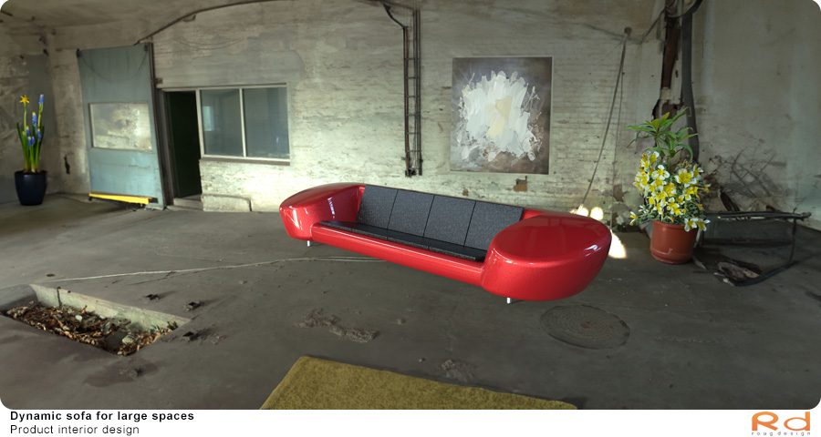Red sofa in a raw industrial setting with plants, product design blending functionality and aesthetics.