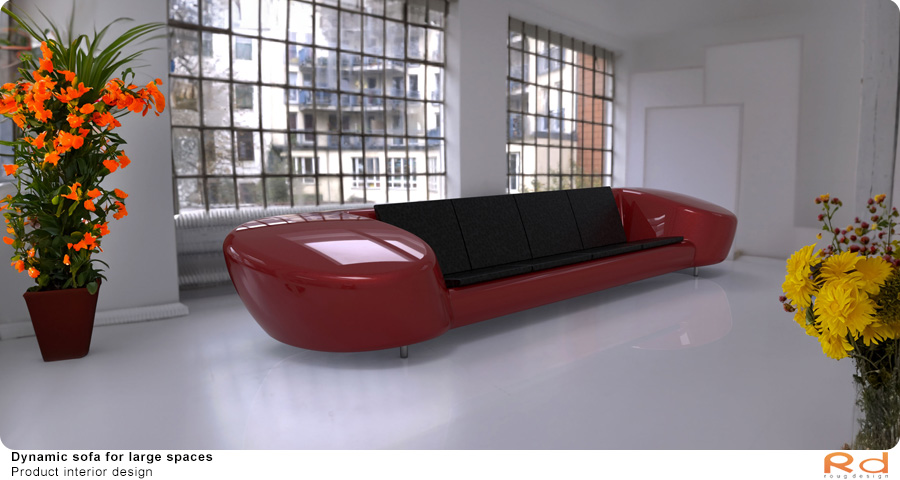 Red sofa in a bright space with large windows and colorful flowers, dynamic design for public spaces.