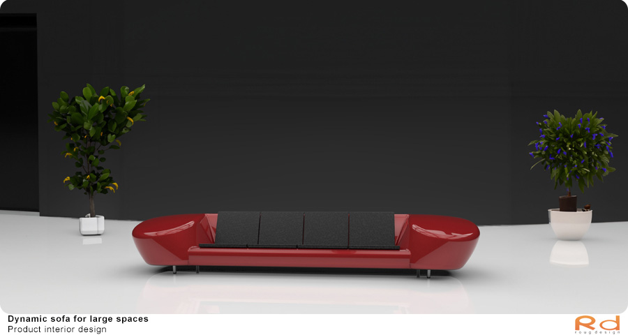Dynamic sofa with a black background and green plants, 3D modeled in Alias StudioTools and rendered in Keyshot plus photo generated in photoshop.