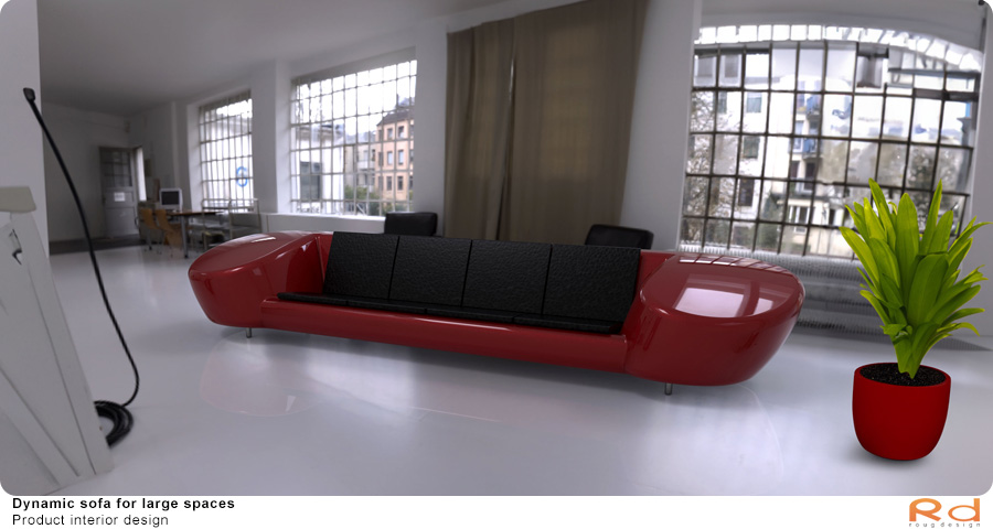 Red sofa in an open bright space with large windows and green plant, product design from Fredensborg Municipality.