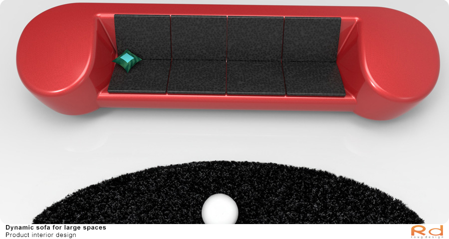 top view of the concept sofa with black cushions and unique green accent pillow. 