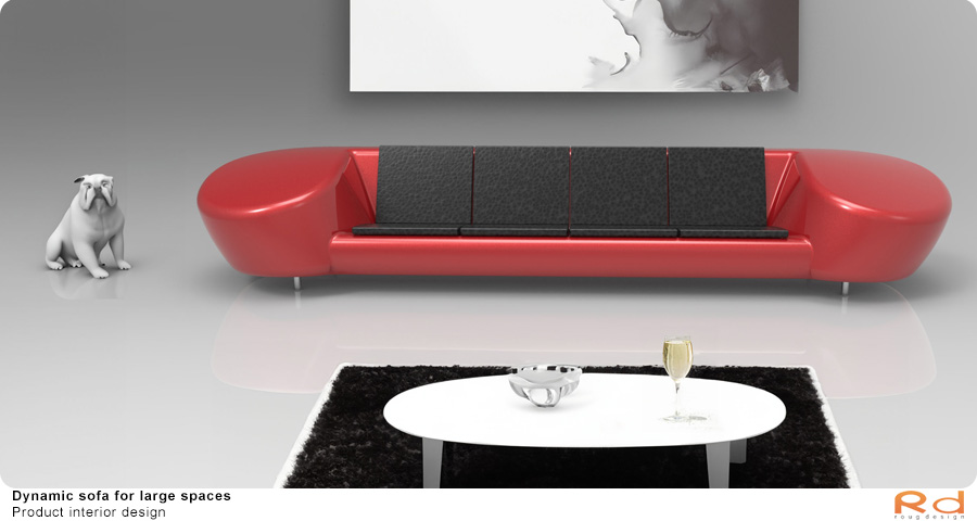 Red sofa in a minimalist room with black carpet and a white bulldog, Scandinavian design style. 