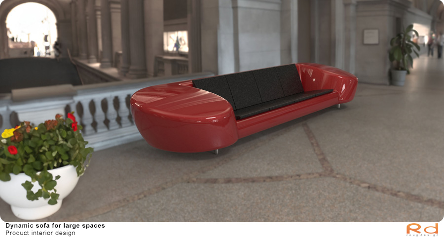 Dynamic red sofa in a large hallway with potted plants, perfect for public spaces. 