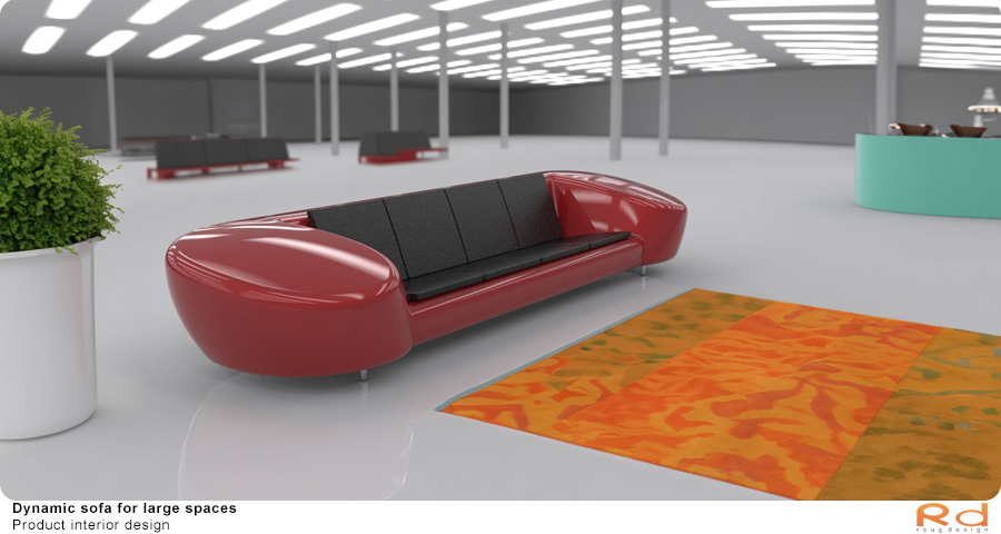 Red sofa in a futuristic space with an orange carpet and green plant, functional and aesthetic. 