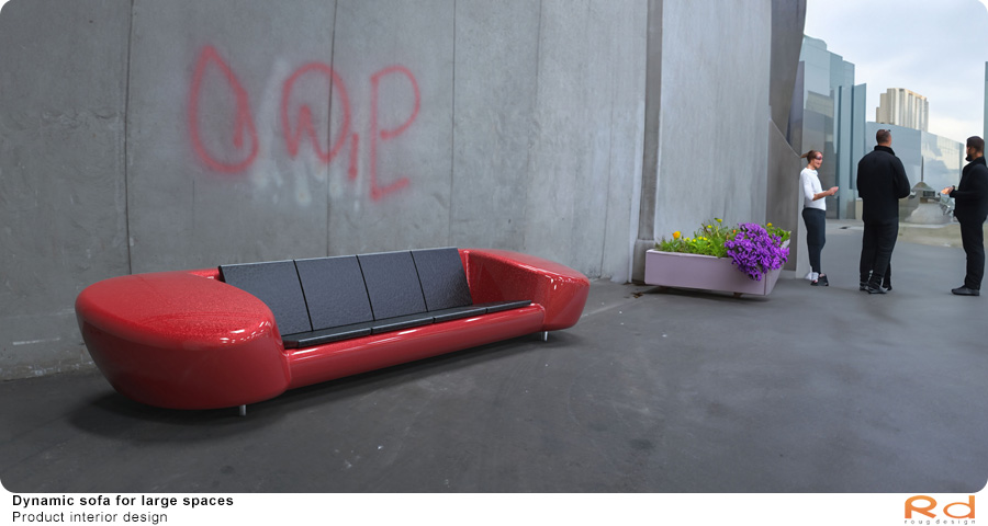Red sofa against a concrete wall with graffiti and people nearby, modern danish design in urban setting. 