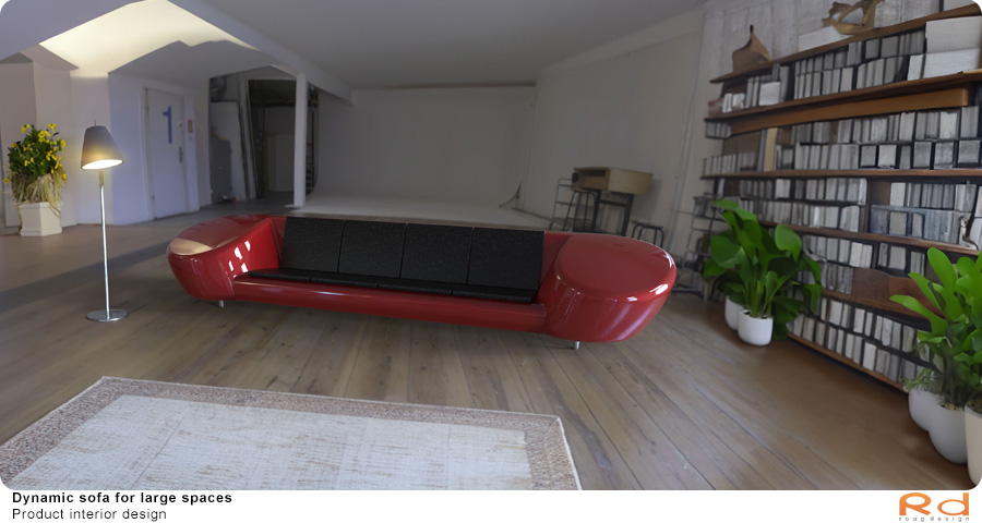 Red sofa in a cozy studio with bookshelves, wooden flooring, and green plants, Scandinavian design. 