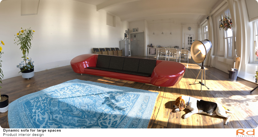 Red sofa in a bright living room with wooden flooring, a blue carpet, and a resting beagle.