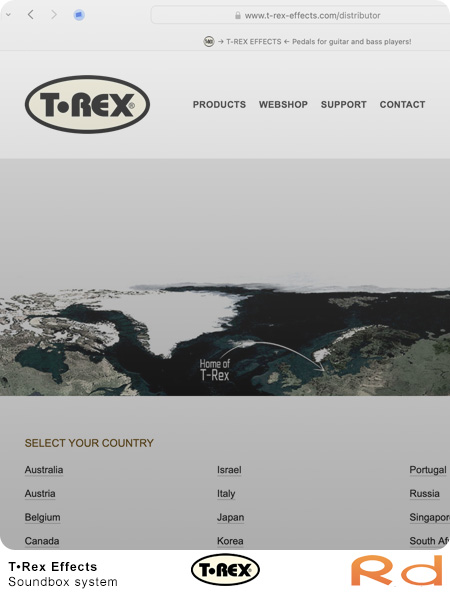 T•Rex Effects logo og skærmbillede af virksomhedens hjemmeside, da projektet ikke kom i produktion, som var en teknisk tegning et Soundbox system.