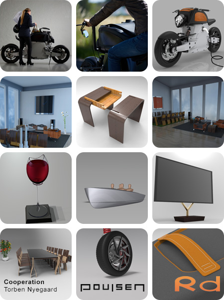 Examples of design projects in collaboration with Torben Nyegaard Poulsen, including furniture concepts, transport design and electronic products.