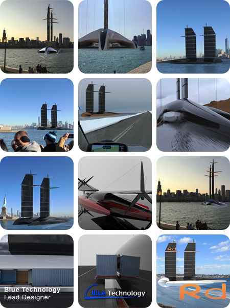 3D-gengivelser af Blue Technology 2020-modellen i New York, Chicago og Island, der viser en futuristisk trimaran med afrundede, aerodynamiske former og et unikt dækdesign for øget sikkerhed mod boarding.