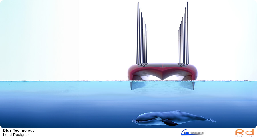 3D-illustration af Blue Technology's 2022-model med delfiner under vandet, inspireret af dansk sejltradition og miljøvenlig teknologi.