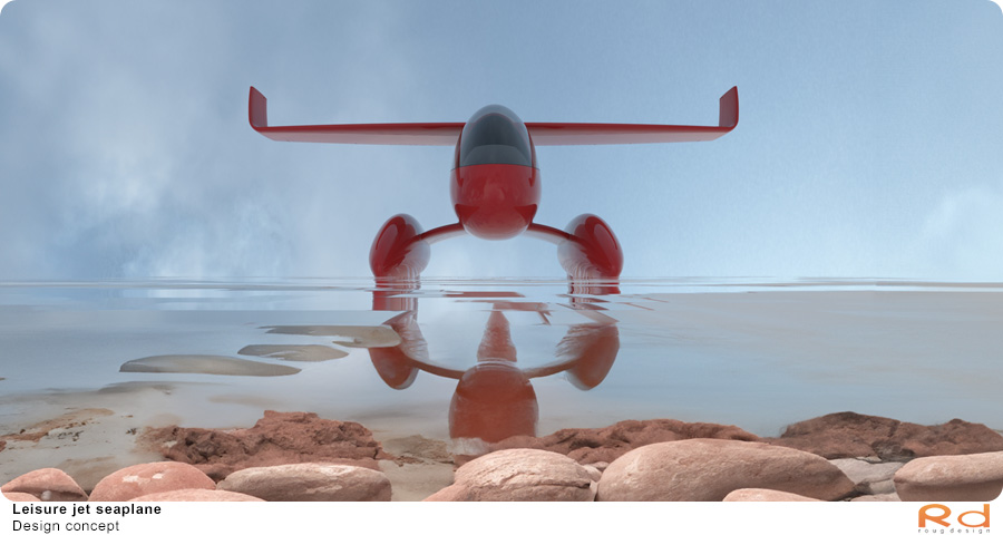 Frontal perspective of the red jet seaplane, reflected on a calm water surface.