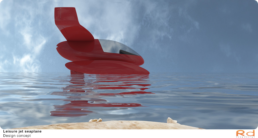 Side view of the red jet seaplane floating on water with a minimalist background.