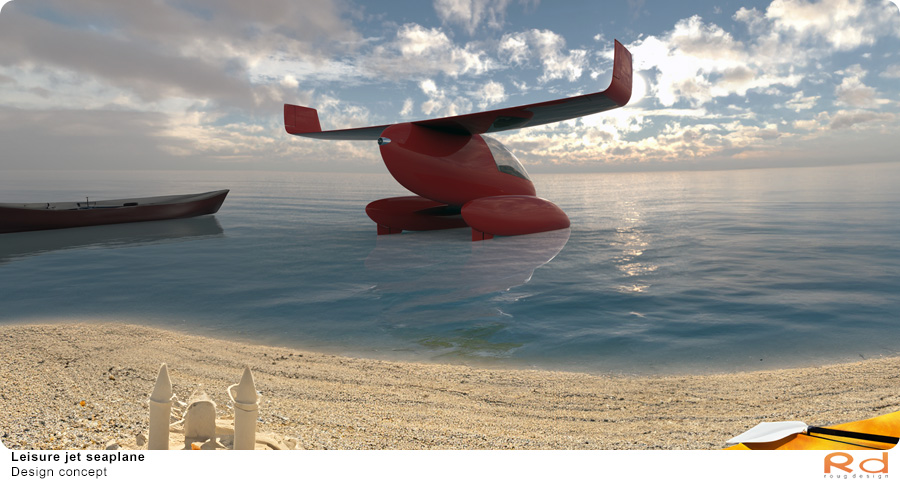 Jet seaplane docked near a beach with a rowboat in the background.