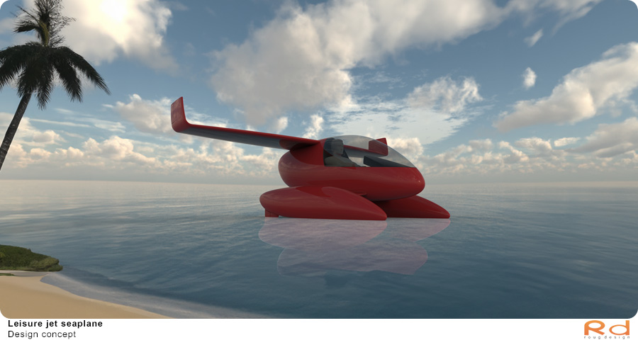Jet seaplane floating in front of a palm tree with a tropical background.