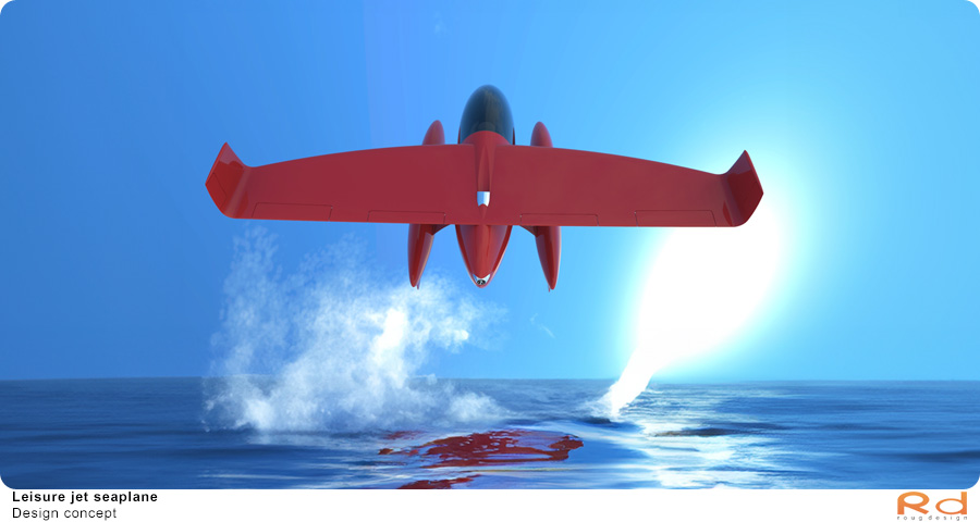 Jet seaplane seen from behind, taking off on water with sunlight in the background.