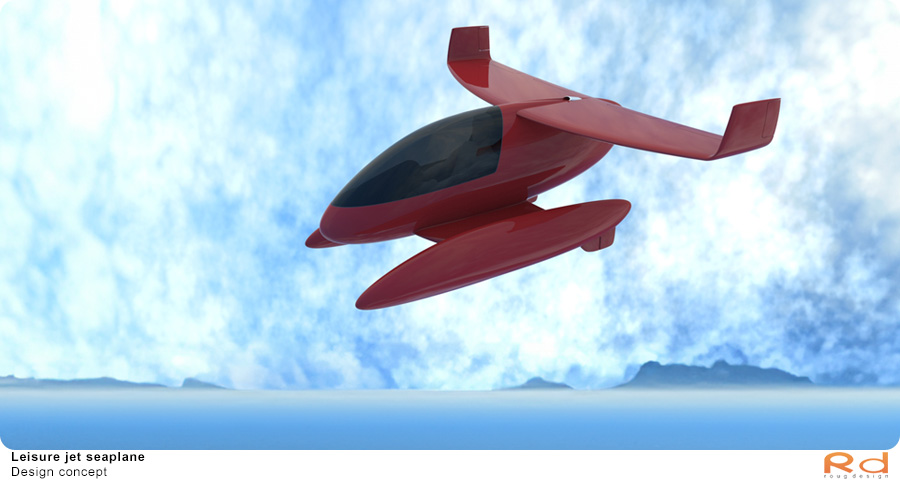 Jet seaplane in flight with mountains and clouds in the background.