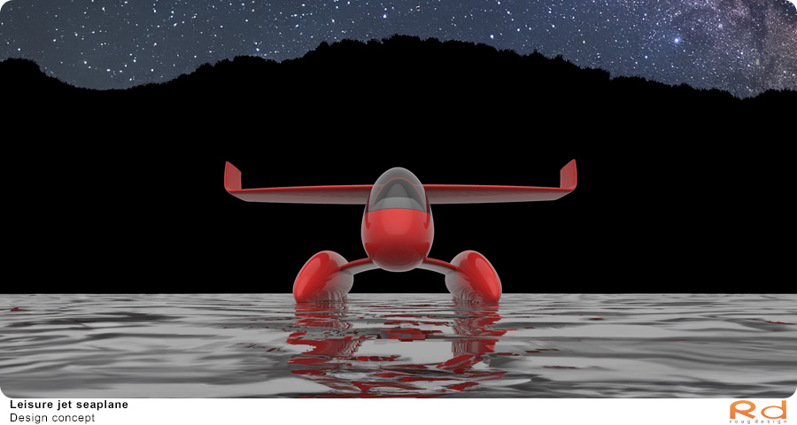 Jet seaplane under a dark night sky, reflected on calm water.