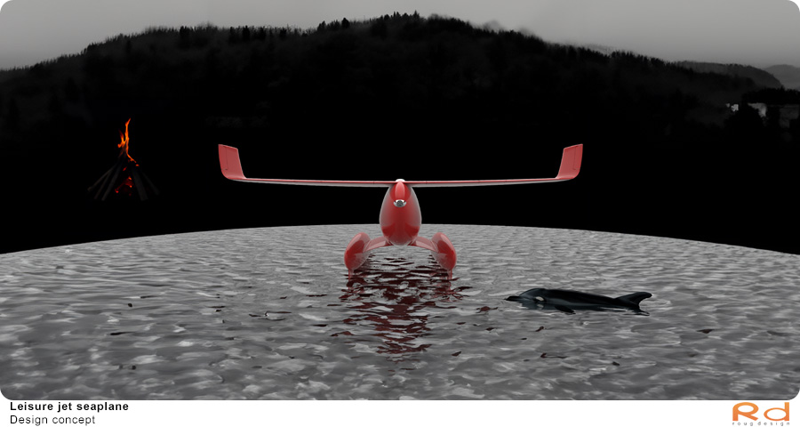 Jet seaplane on water with a campfire and natural surroundings in the background.