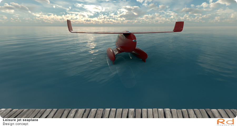Jet seaplane seen from a dock with a view of the horizon.
