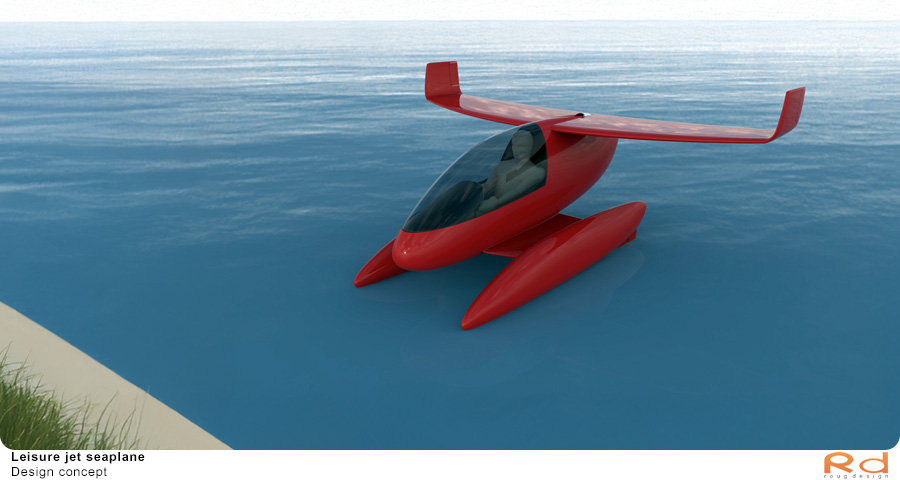 Jet seaplane docked on water near a grassy shoreline.