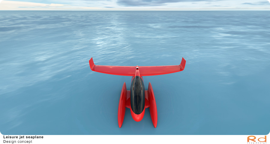 Jet seaplane seen from above, hovering over the ocean with a blue horizon.
