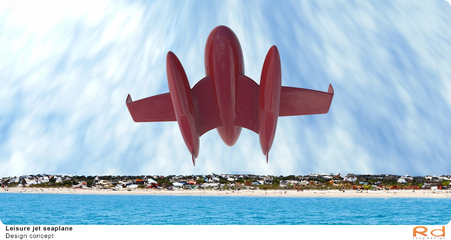 Jet seaplane in the air with a coastal town in the background.