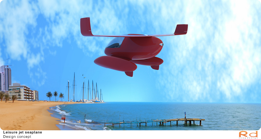 Jet seaplane hovering over the water with a harbor city and boats in the background.