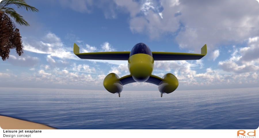 Jet seaplane with a yellow and blue design, seen from behind with palm trees and the ocean in the background.