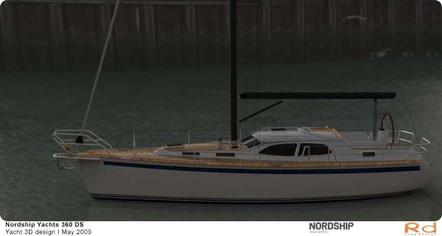 3D-rendering af Nordship 360 sejlbåd sejlende i en havn, produceret som en del af et projekt i maj 2009.