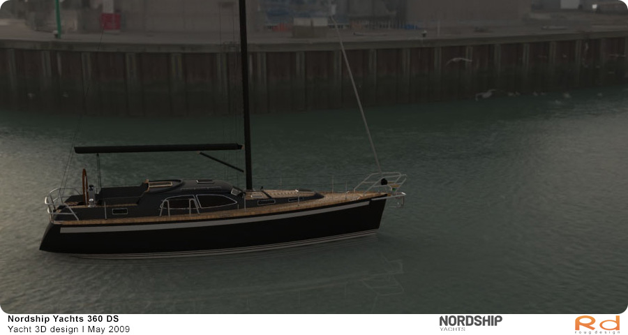 3D-rendering af Nordship 360 sejlbåd sejlende i en havn, produceret som en del af et projekt i maj 2009.