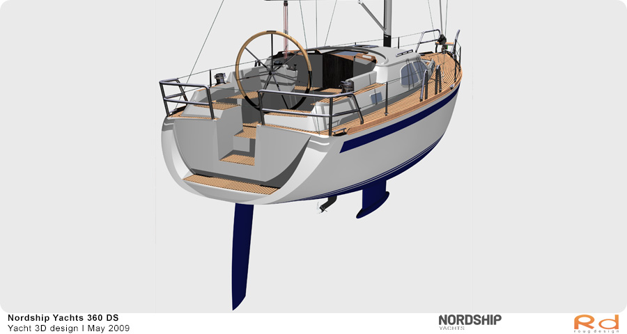 3D-rendering af Nordship 360 sejlbåd sejlende i en havn, produceret som en del af et projekt i maj 2009.