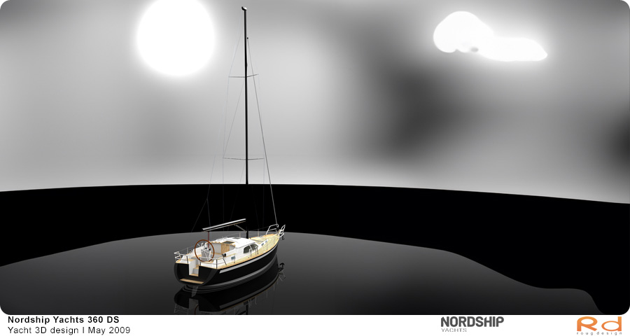 3D-rendering af Nordship 360 sejlbåd sejlende i en havn, produceret som en del af et projekt i maj 2009.