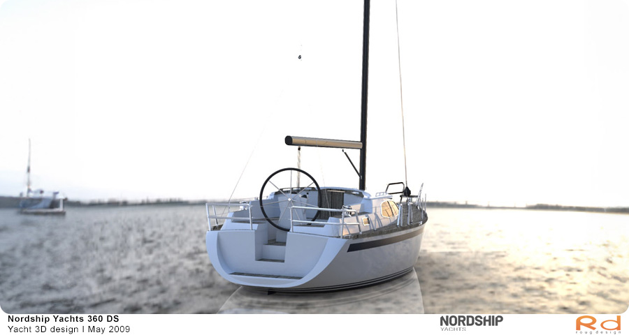 3D-rendering af Nordship 360 sejlbåd sejlende i en havn, produceret som en del af et projekt i maj 2009.