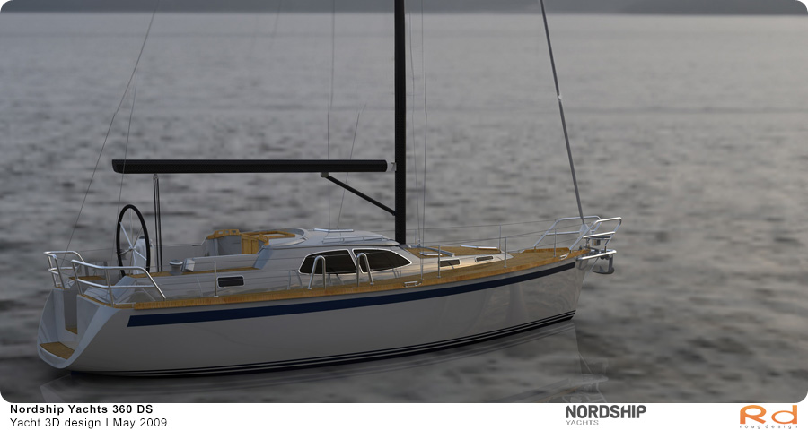 3D-rendering af Nordship 360 sejlbåd sejlende i en havn, produceret som en del af et projekt i maj 2009.