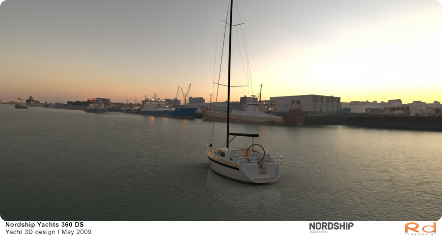 3D-rendering af Nordship 360 sejlbåd sejlende i en havn, produceret som en del af et projekt i maj 2009.