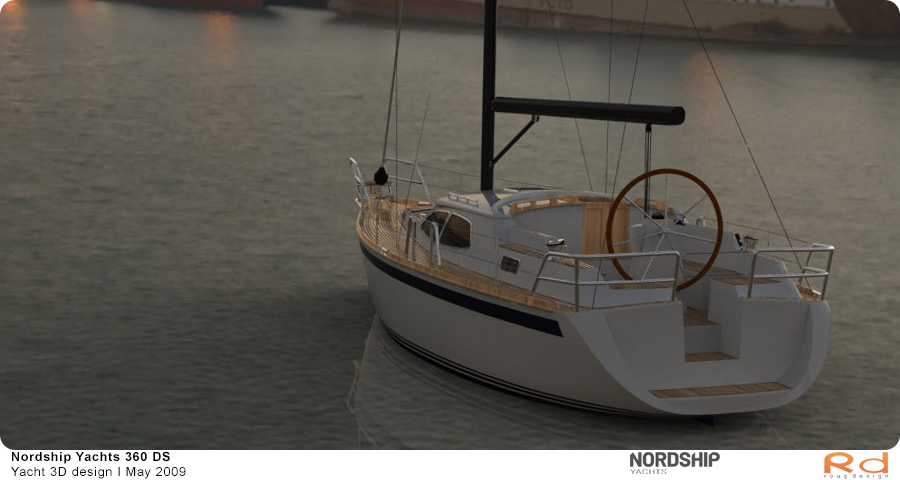 3D-rendering af Nordship 360 sejlbåd sejlende i en havn, produceret som en del af et projekt i maj 2009.