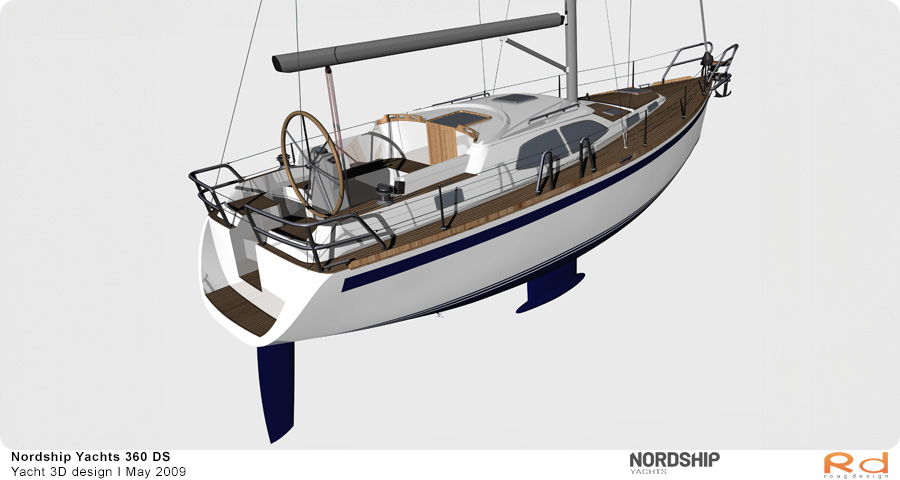 3D-rendering af Nordship 360 sejlbåd sejlende i en havn, produceret som en del af et projekt i maj 2009.