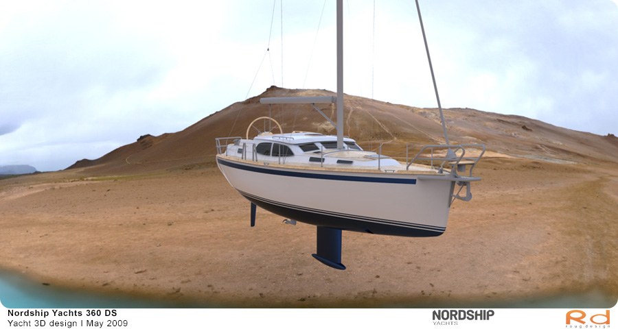 3D-rendering af Nordship 360 sejlbåd sejlende i en havn, produceret som en del af et projekt i maj 2009.