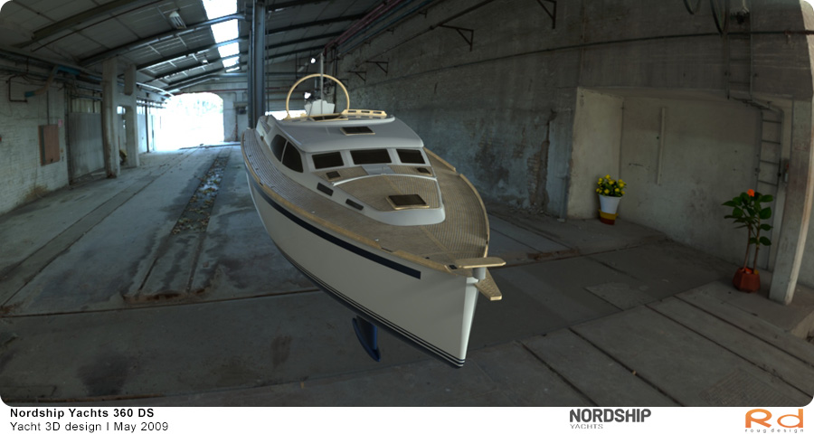 3D-rendering af Nordship 360 sejlbåd sejlende i en havn, produceret som en del af et projekt i maj 2009.