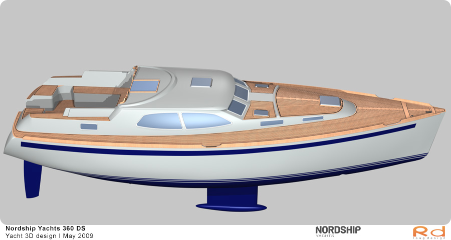 3D-rendering af Nordship 360 sejlbåd sejlende i en havn, produceret som en del af et projekt i maj 2009.