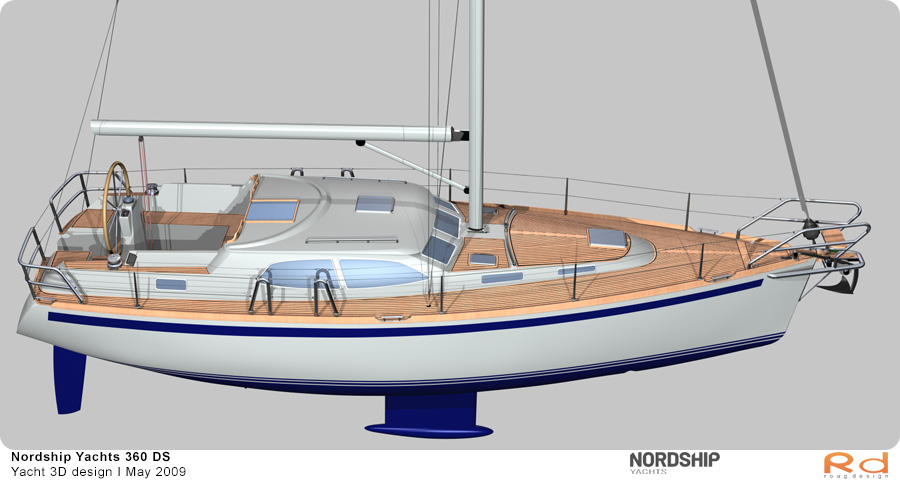 3D-rendering af Nordship 360 sejlbåd sejlende i en havn, produceret som en del af et projekt i maj 2009.