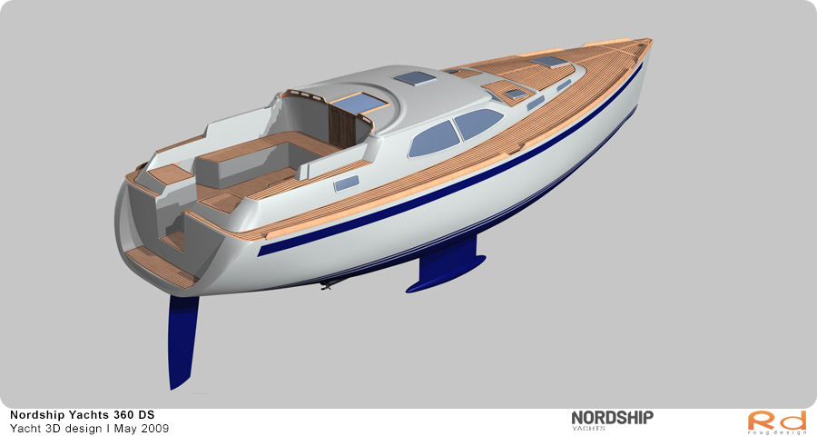 3D-rendering af Nordship 360 sejlbåd sejlende i en havn, produceret som en del af et projekt i maj 2009.